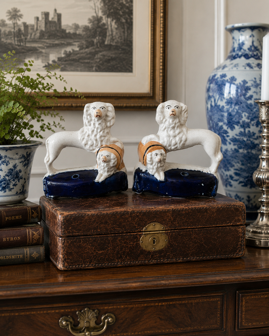 Antique Pair, 19th Century Staffordshire Spaniel Dogs with Puppy in Barrel #DA4422