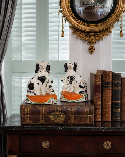 Antique 19th Century Staffordshire Spaniel Dog Figures with Puppies on Orange Cushions – Pair | 7” Tall #DA4423