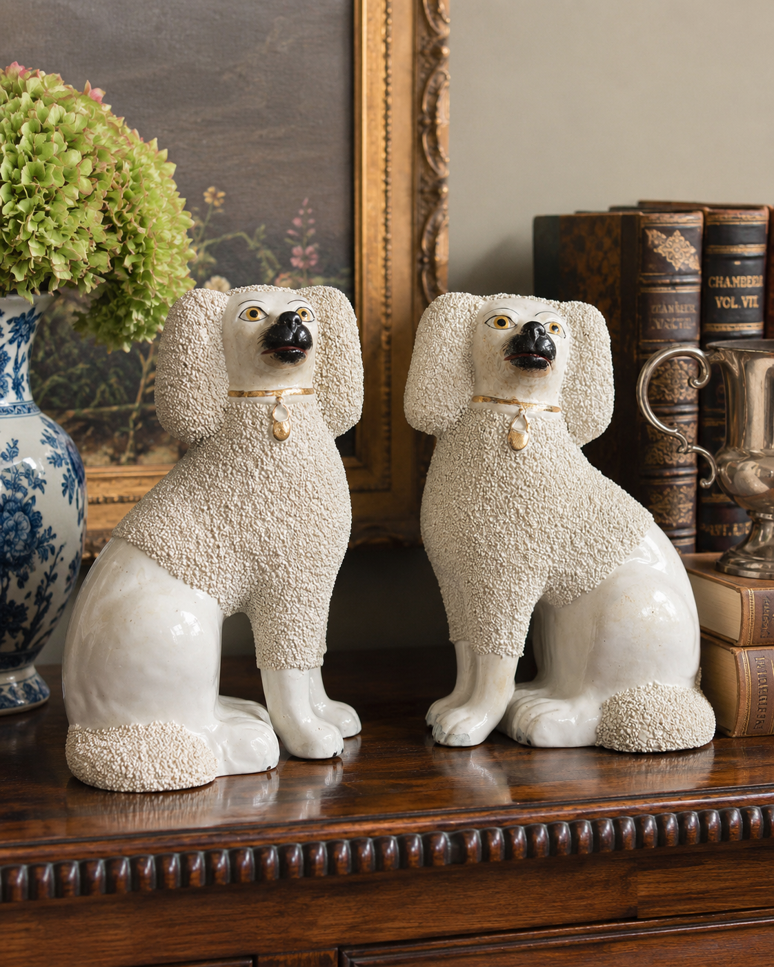 Large 19th Century 10.5” Tall Antique Sanded Staffordshire Poodle Figures, Separated Legs  #DA4387