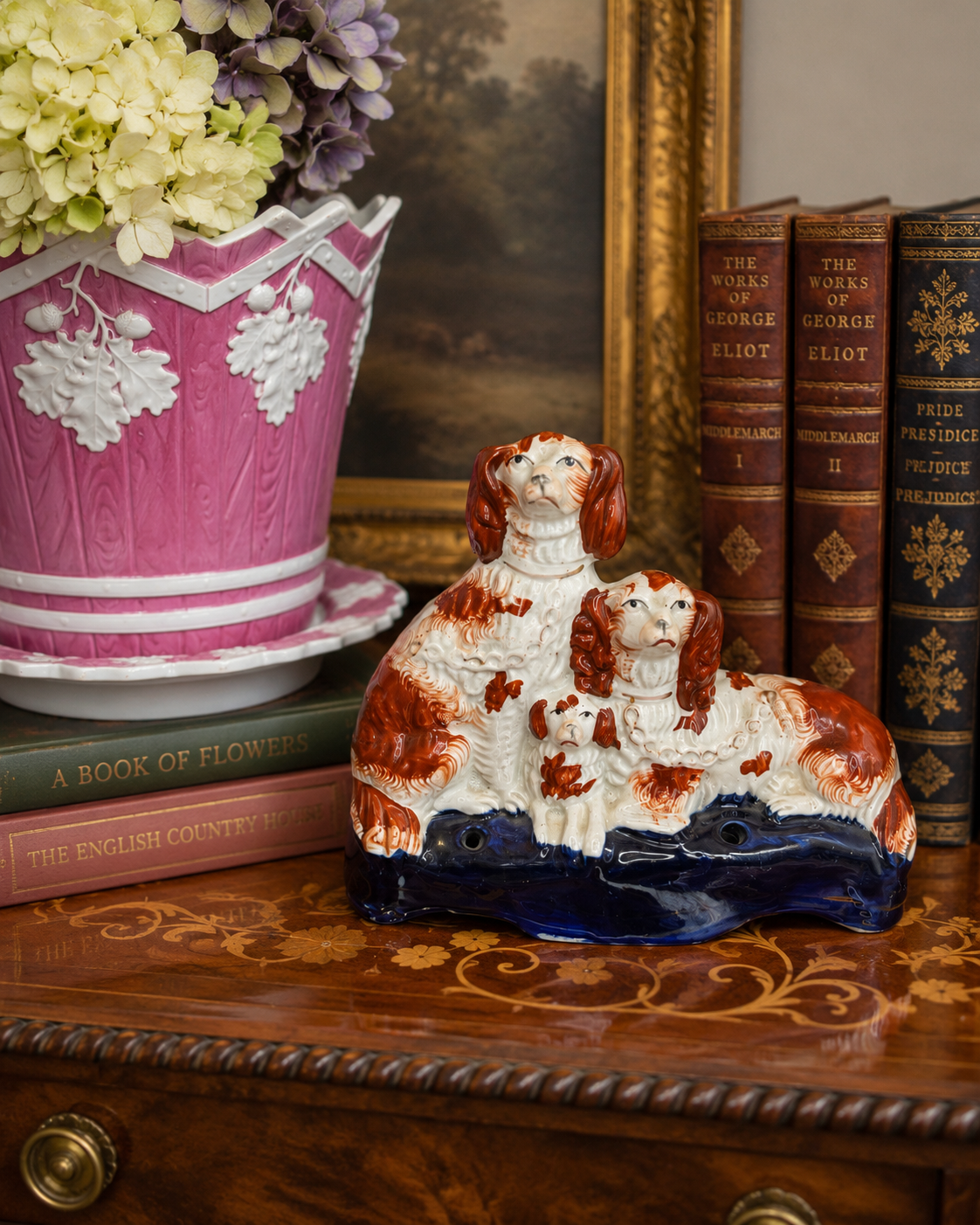 Antique Staffordshire Red & White Spaniel Dog Group on Cobalt Base – 8”W x 6”H #DA4229