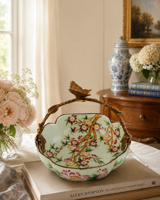 Danny's Fine Porcelain - Porcelain Floral Vine Bowl with Ormolu Butterfly Handle – 6”L x 5.5”W x 5.5”H