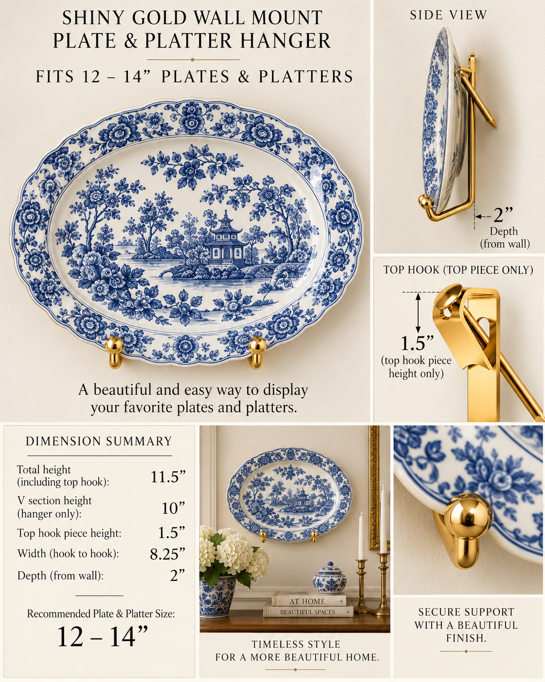 Shiny Brass/Gold Wall Mount For Plate Wall/ Plate Hanger | Fits X-Large Plate/Platter |  5.5” - 7.5”Diameter Plates