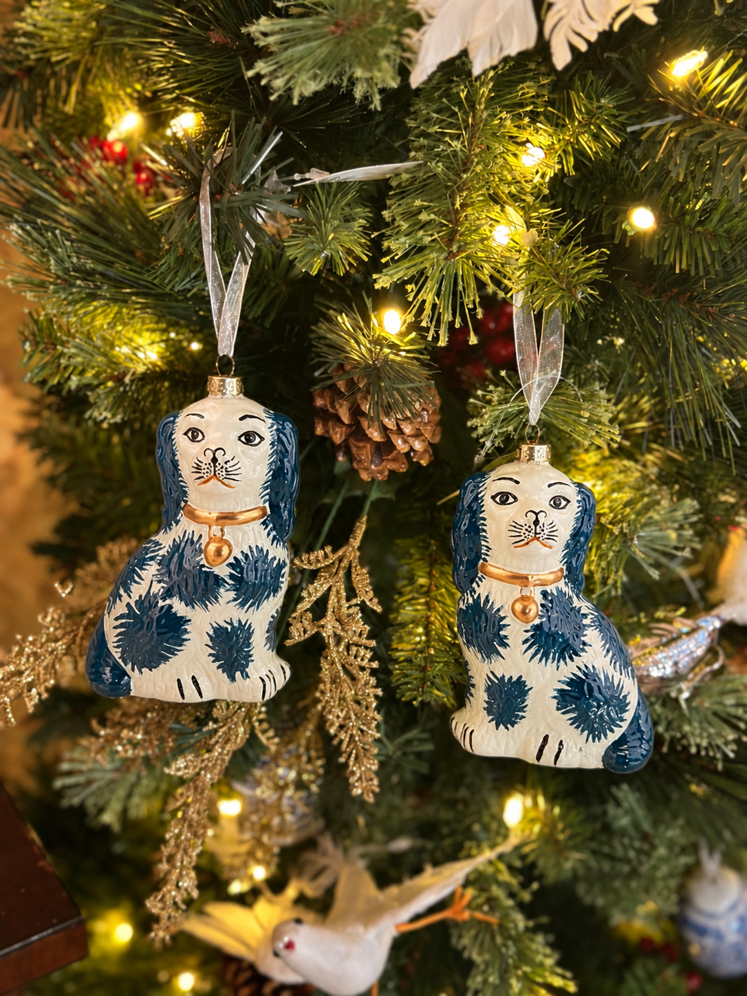 Danny's Fine Porcelain |Staffordshire Dog, 5" Glass Ornament Pair Blue