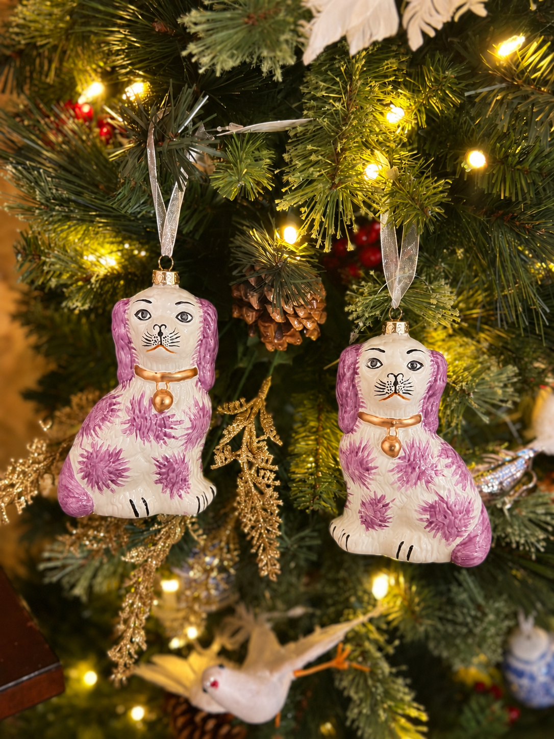 Danny's Fine Porcelain |Staffordshire Dog, 5" Glass Ornament Pair Pink