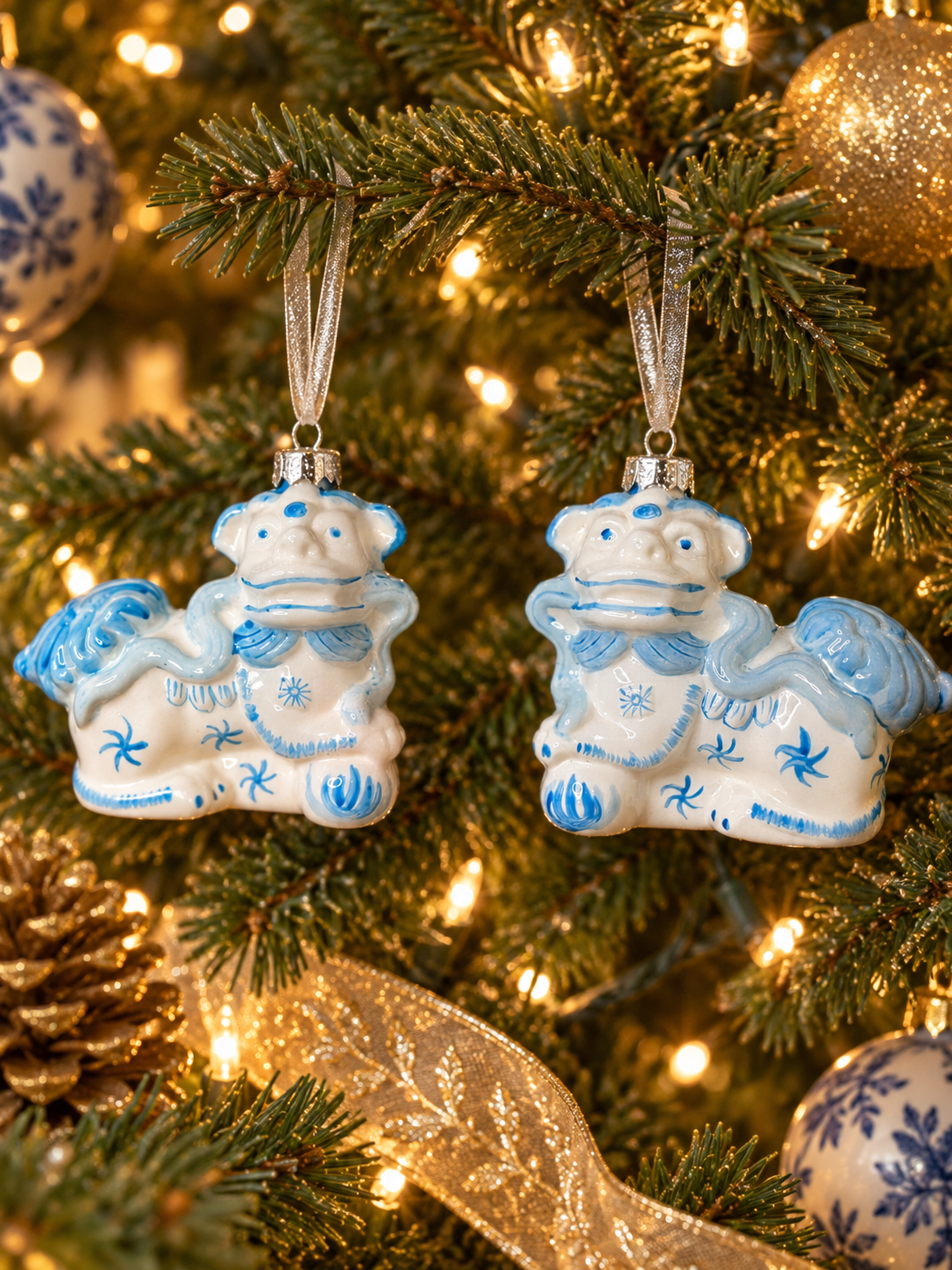 Danny's Fine Porcelain | Glass Foo Dog Ornament Pair (Left & Right) Blue & White
