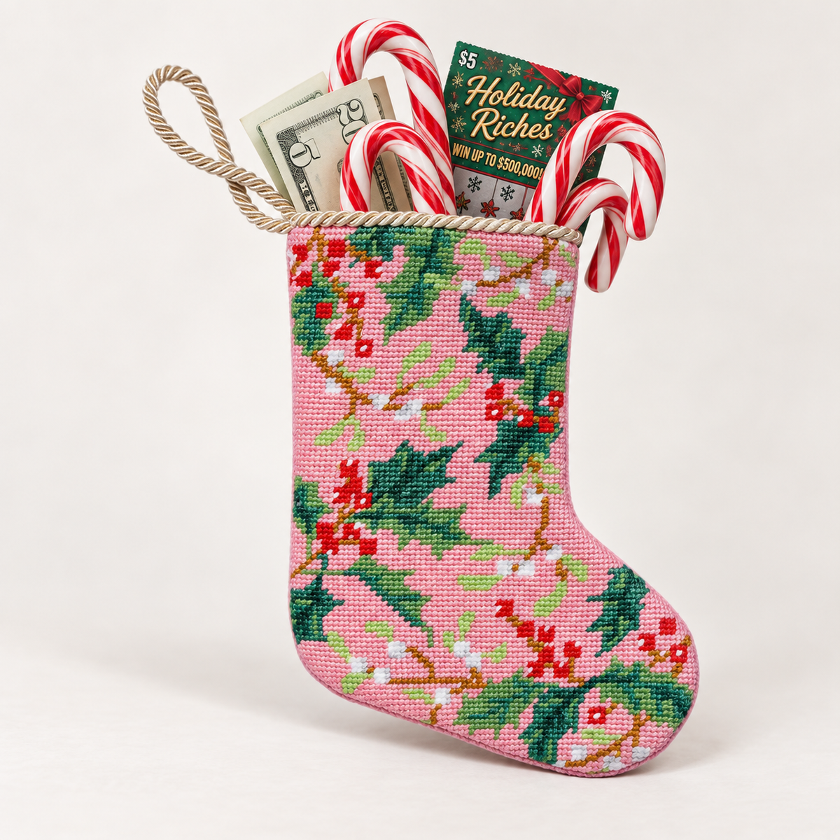Pink Holly Embroidered Mini Christmas Stocking | Needlepoint Holiday Decor | 6" x 4.25"