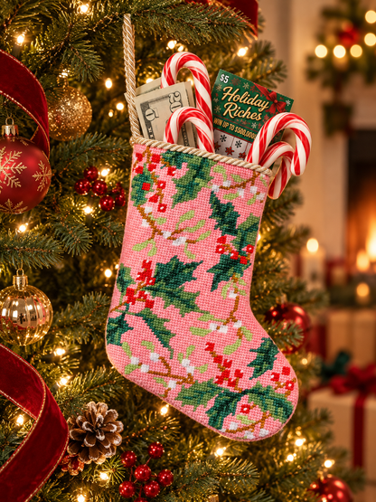 Pink Holly Embroidered Mini Christmas Stocking | Needlepoint Holiday Decor | 6" x 4.25"