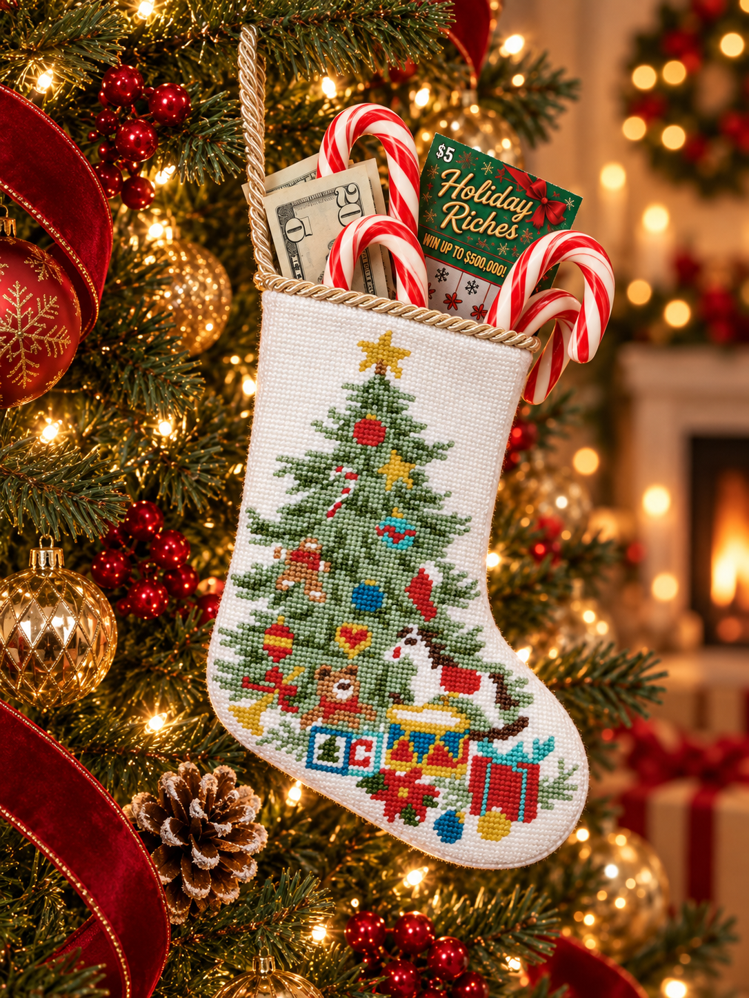 Christmas Tree White Embroidered Mini Stocking | Needlepoint Holiday Decor | 6" x 4.25"