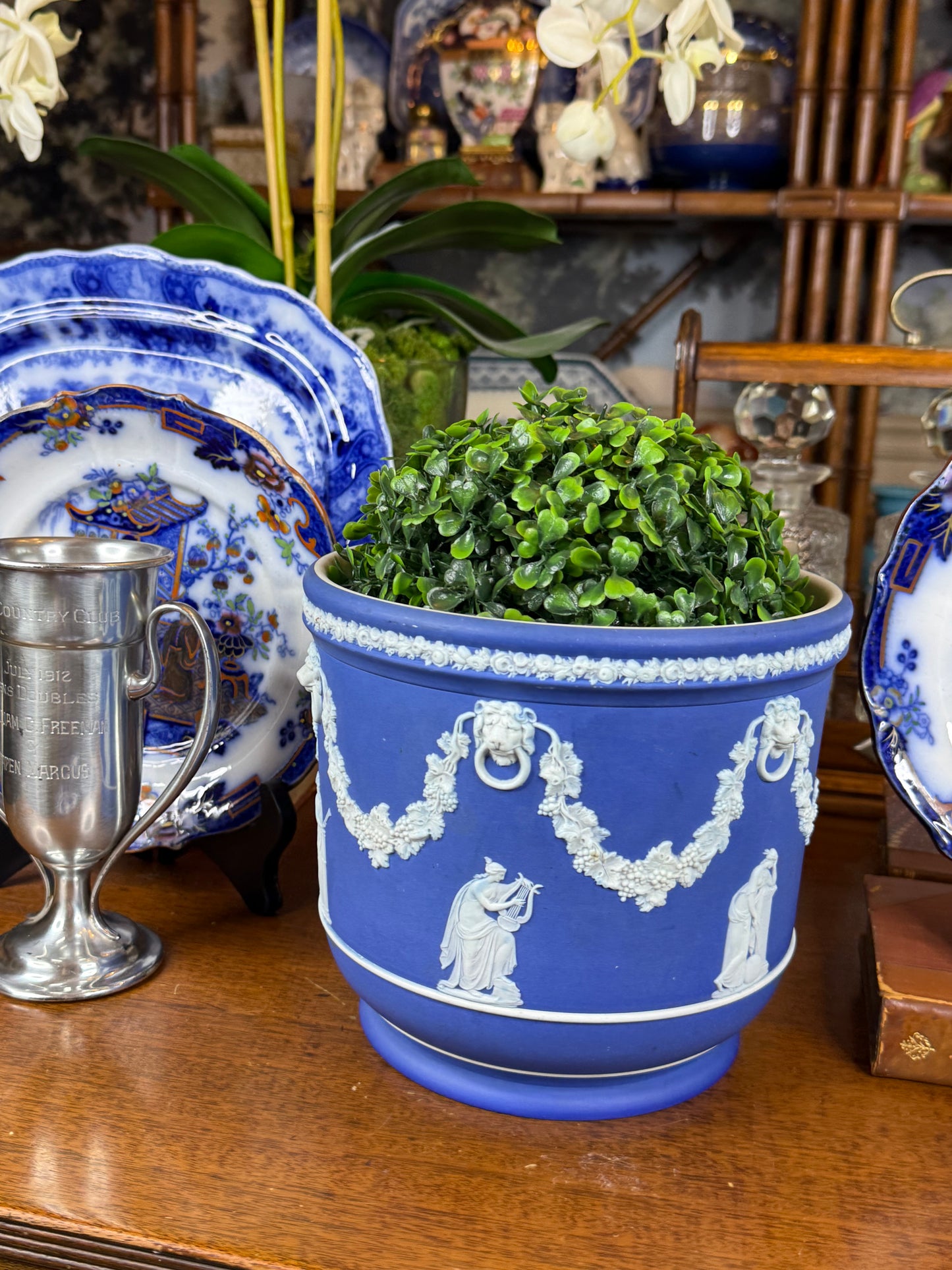 Wedgwood Blue-Dipped Jasperware Pot / Planter | Applied White Neoclassical Relief | Blue & White | c.1880–1900 | 7.5” D × 7.25” H | #DA4578