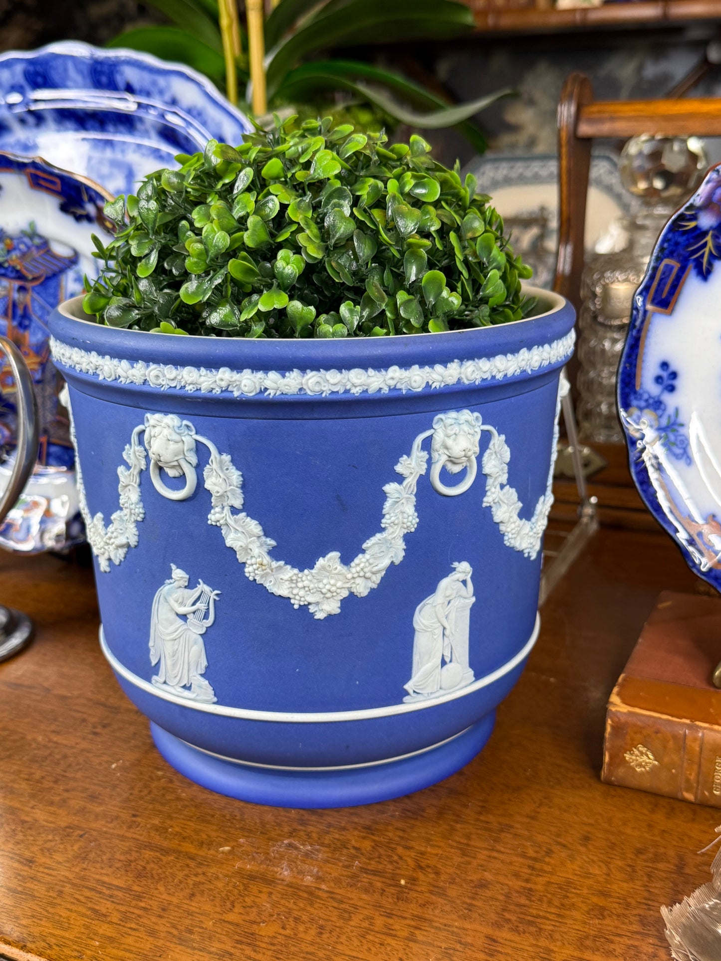 Wedgwood Blue-Dipped Jasperware Pot / Planter | Applied White Neoclassical Relief | Blue & White | c.1880–1900 | 7.5” D × 7.25” H | #DA4578