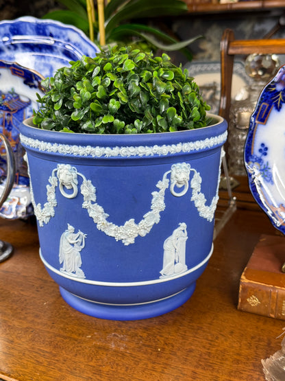 Wedgwood Blue-Dipped Jasperware Pot / Planter | Applied White Neoclassical Relief | Blue & White | c.1880–1900 | 7.5” D × 7.25” H | #DA4578