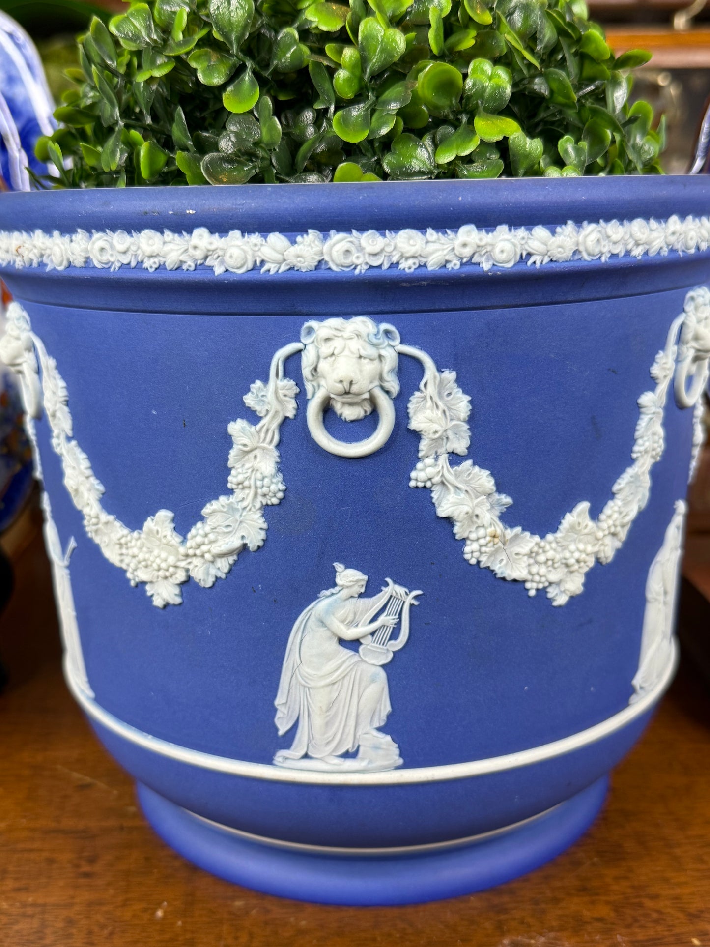 Wedgwood Blue-Dipped Jasperware Pot / Planter | Applied White Neoclassical Relief | Blue & White | c.1880–1900 | 7.5” D × 7.25” H | #DA4578