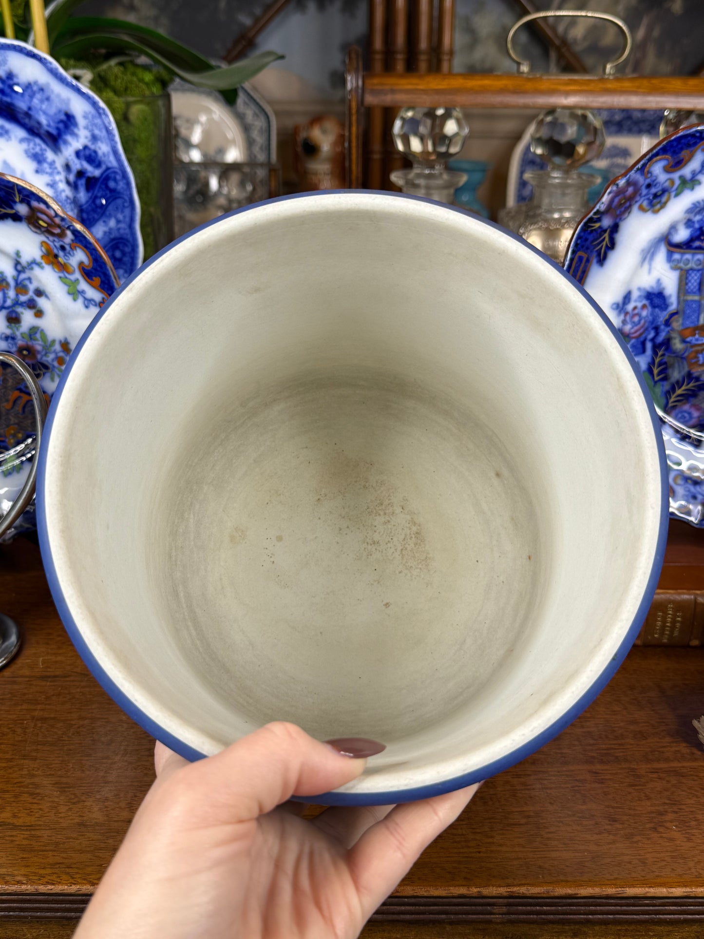 Wedgwood Blue-Dipped Jasperware Pot / Planter | Applied White Neoclassical Relief | Blue & White | c.1880–1900 | 7.5” D × 7.25” H | #DA4578