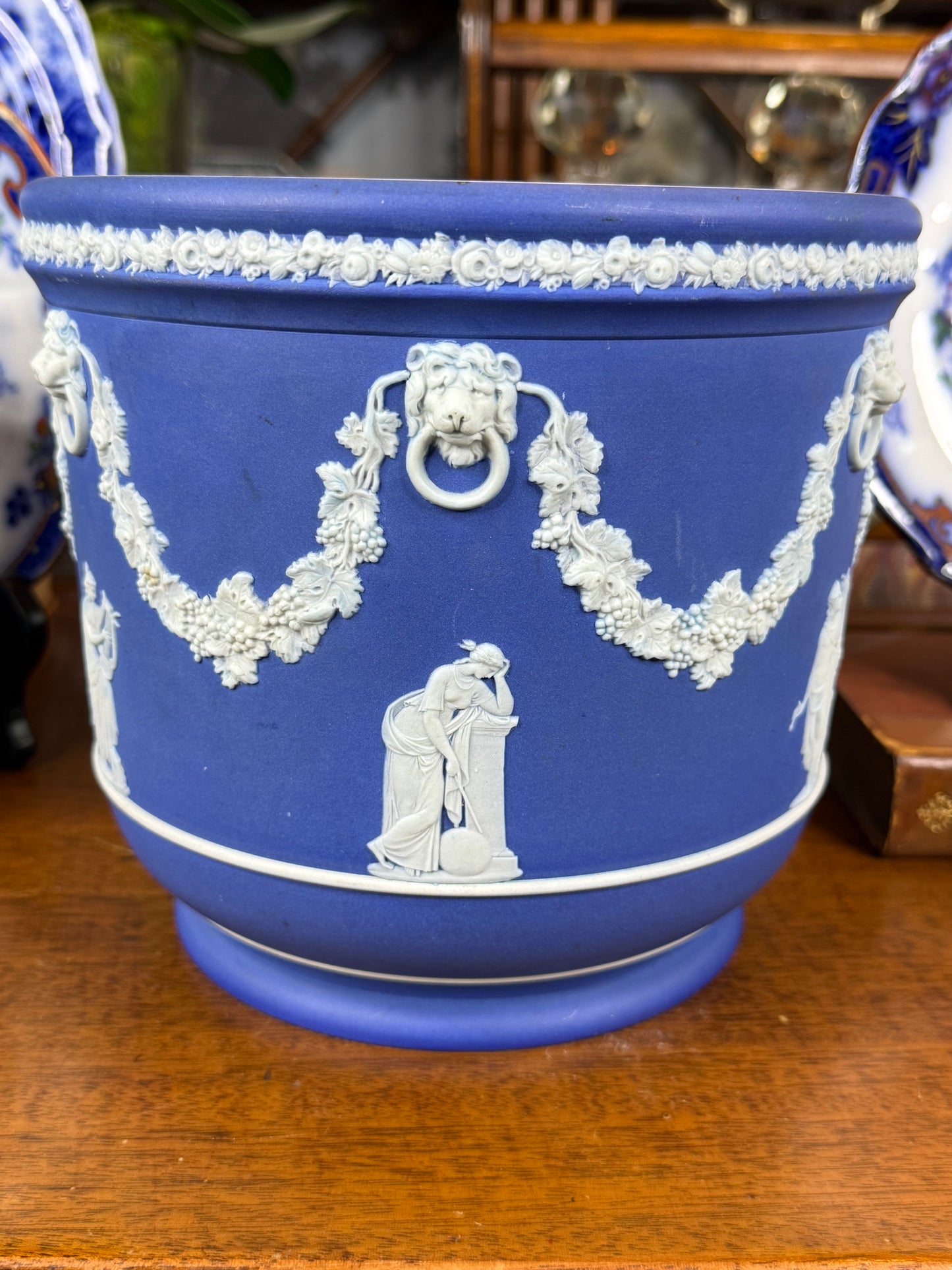 Wedgwood Blue-Dipped Jasperware Pot / Planter | Applied White Neoclassical Relief | Blue & White | c.1880–1900 | 7.5” D × 7.25” H | #DA4578