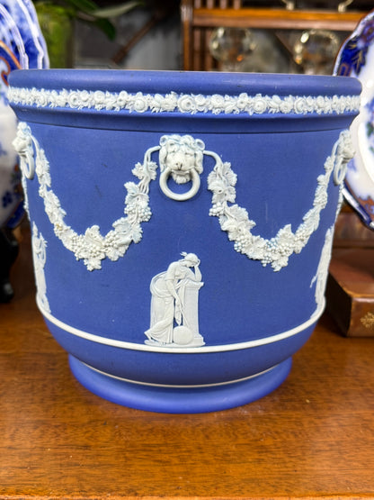 Wedgwood Blue-Dipped Jasperware Pot / Planter | Applied White Neoclassical Relief | Blue & White | c.1880–1900 | 7.5” D × 7.25” H | #DA4578