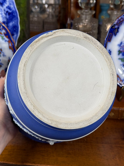 Wedgwood Blue-Dipped Jasperware Pot / Planter | Applied White Neoclassical Relief | Blue & White | c.1880–1900 | 7.5” D × 7.25” H | #DA4578