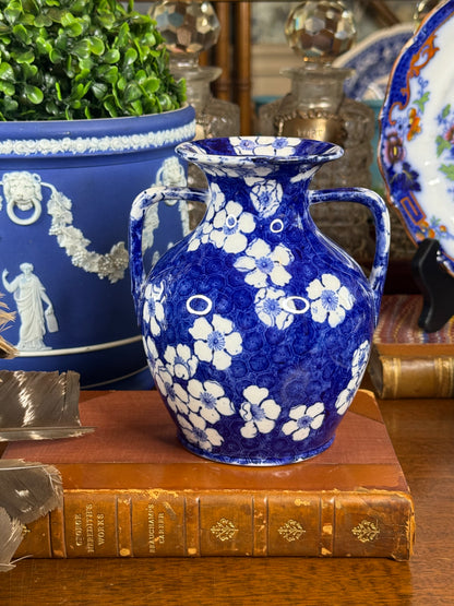 Cauldon Ware Prunus Blossom Double-Handled Vase | Blue & White | c.1900 | 6” H | #DA4583