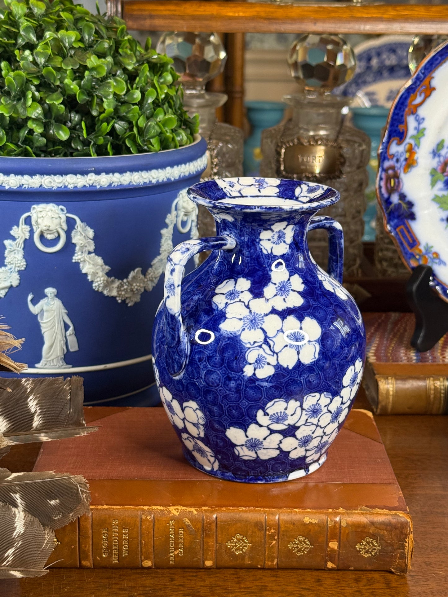 Cauldon Ware Prunus Blossom Double-Handled Vase | Blue & White | c.1900 | 6” H | #DA4583