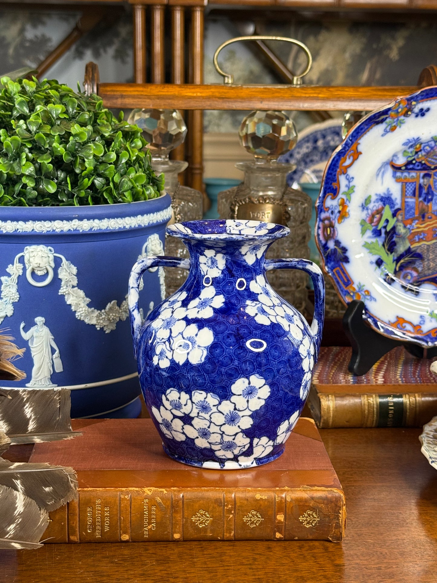 Cauldon Ware Prunus Blossom Double-Handled Vase | Blue & White | c.1900 | 6” H | #DA4583