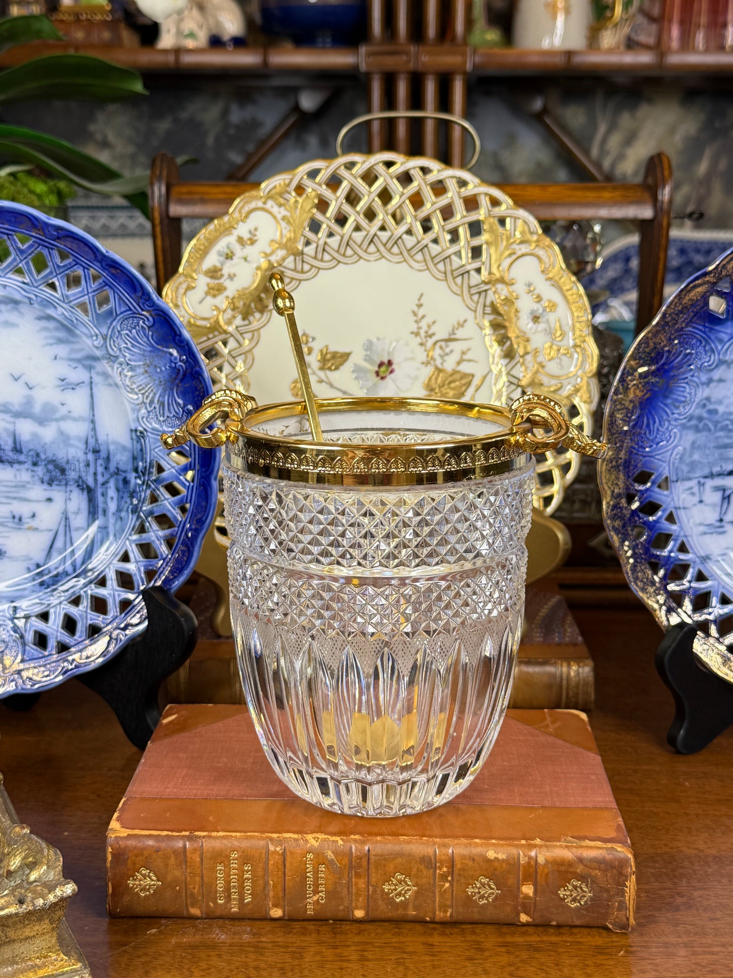 Cut Crystal Ice Bucket with Gilt Metal Mounts & Ladle | Clear & Gold | Vintage | 6” H × 7” W | #DA4598