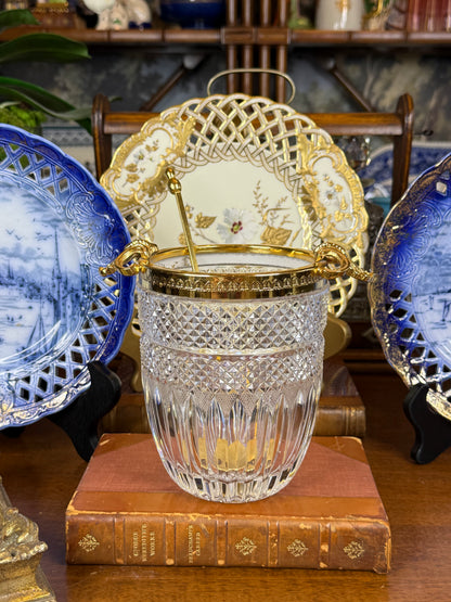 Cut Crystal Ice Bucket with Gilt Metal Mounts & Ladle | Clear & Gold | Vintage | 6” H × 7” W | #DA4598