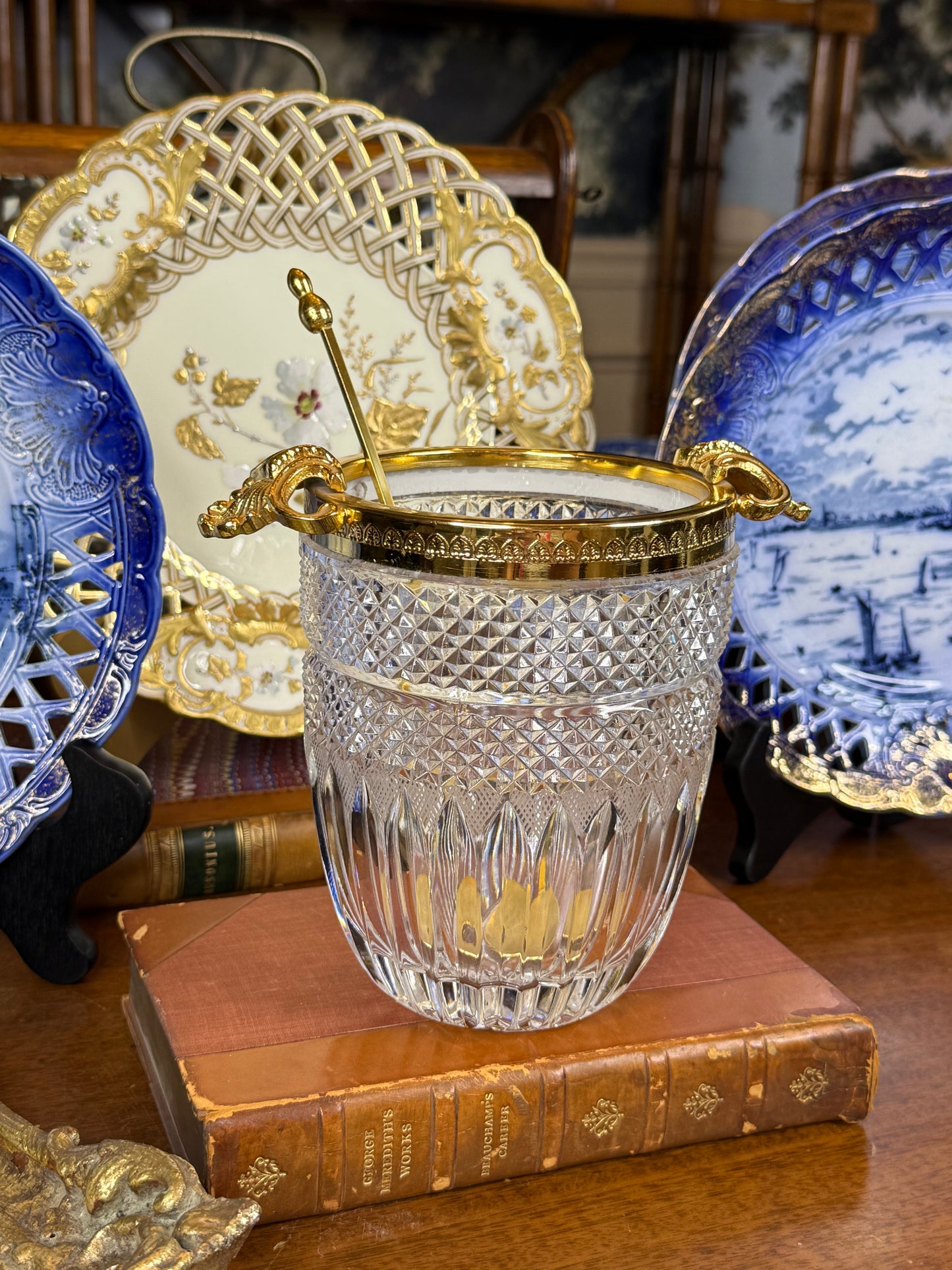 Cut Crystal Ice Bucket with Gilt Metal Mounts & Ladle | Clear & Gold | Vintage | 6” H × 7” W | #DA4598