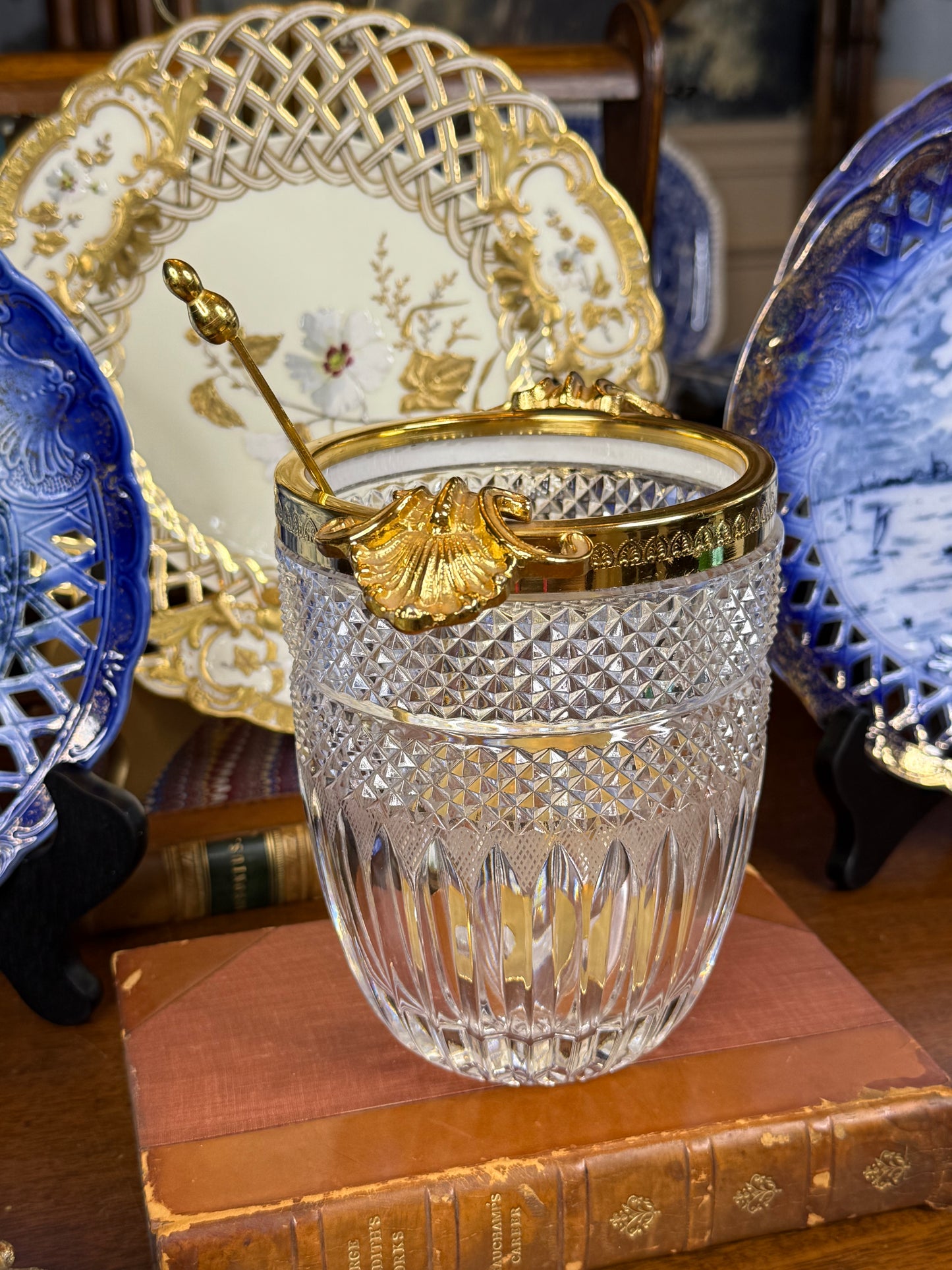 Cut Crystal Ice Bucket with Gilt Metal Mounts & Ladle | Clear & Gold | Vintage | 6” H × 7” W | #DA4598