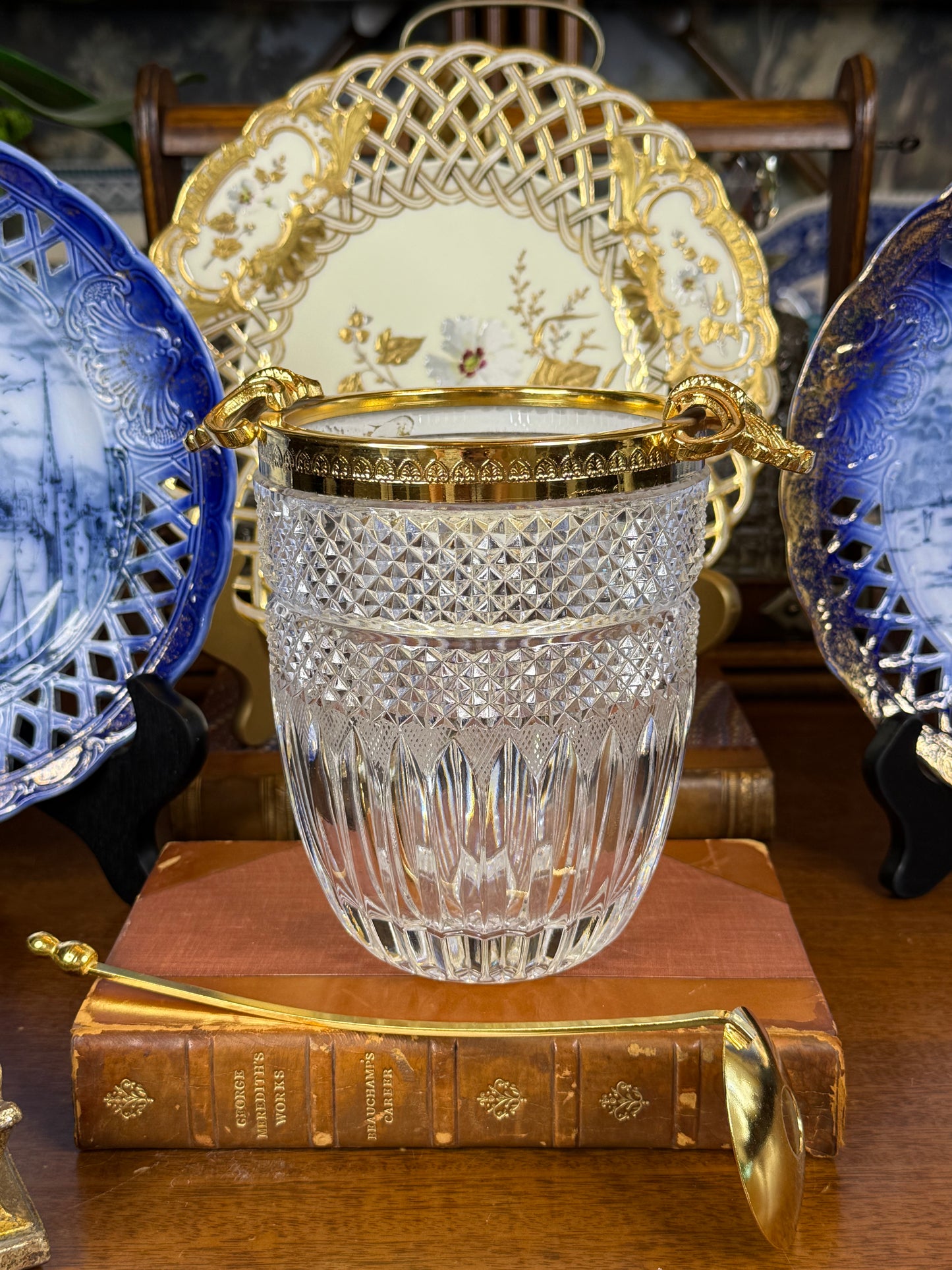 Cut Crystal Ice Bucket with Gilt Metal Mounts & Ladle | Clear & Gold | Vintage | 6” H × 7” W | #DA4598