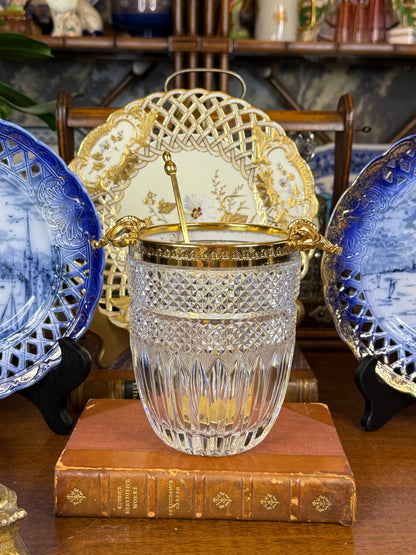 Cut Crystal Ice Bucket with Gilt Metal Mounts & Ladle | Clear & Gold | Vintage | 6” H × 7” W | #DA4598