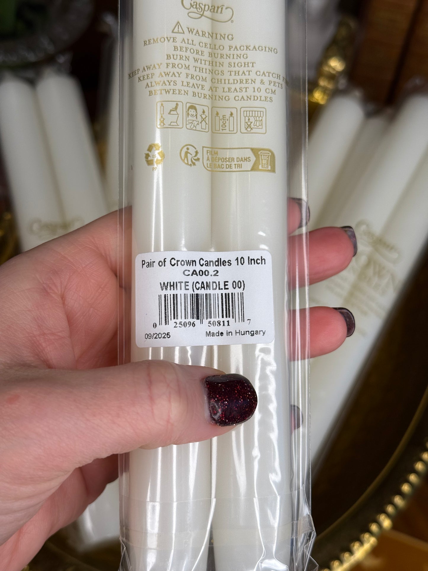 Caspari Straight Taper 10" Candles in White - 2 Candles Per Package