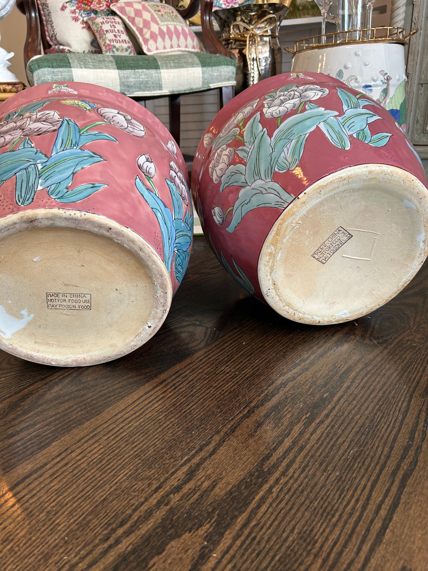 Large Vintage Pink Chinoiserie Ceramic Fish Bowl Planters