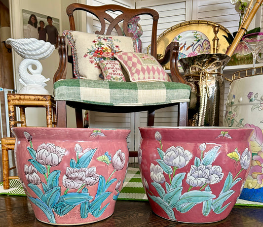 Set Large Vintage Pink Chinoiserie Ceramic Fish Bowl Planters