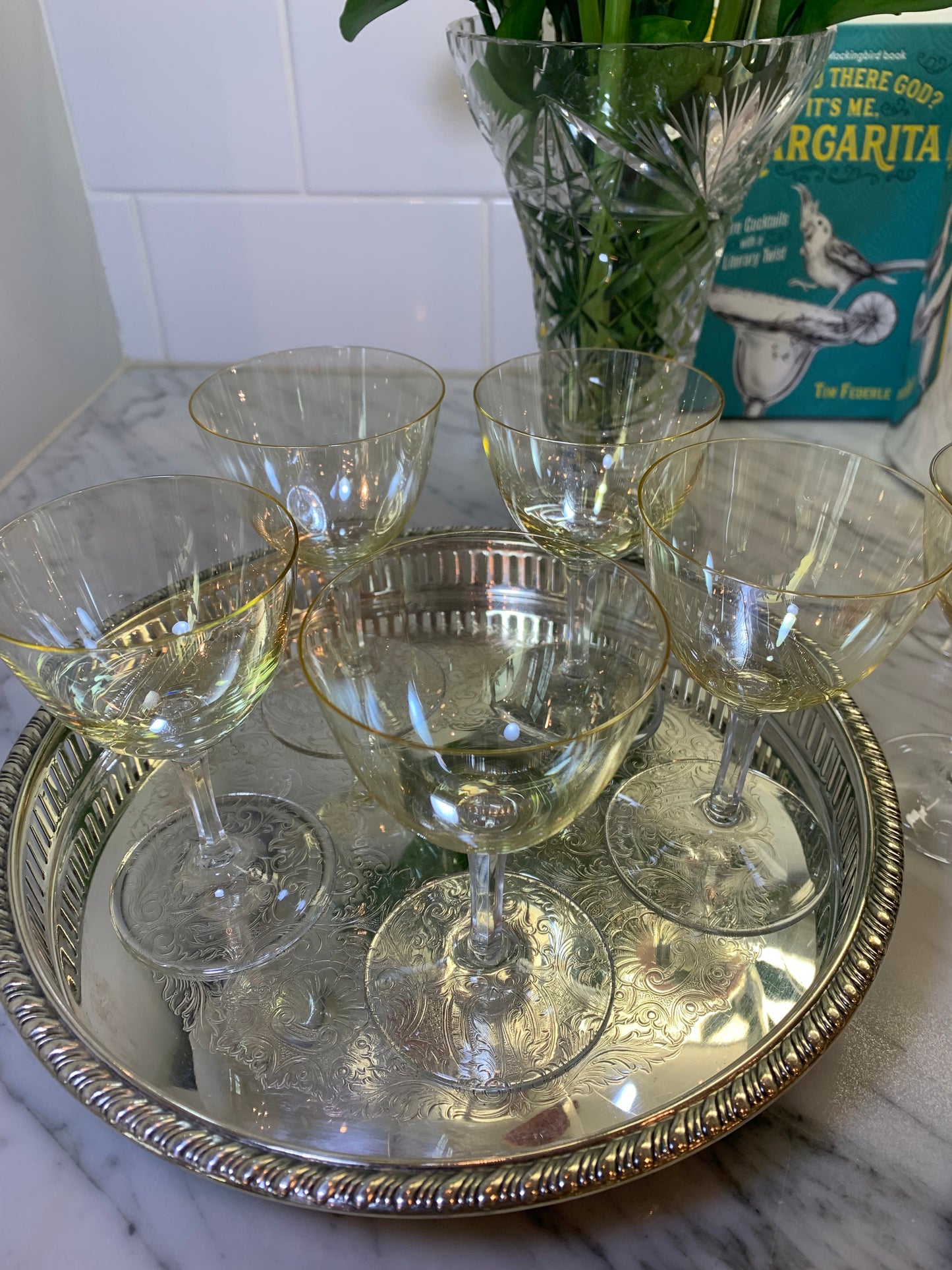 Set (8) Vintage Yellow Crystal Port/Cordial Glasses Lillian Grey