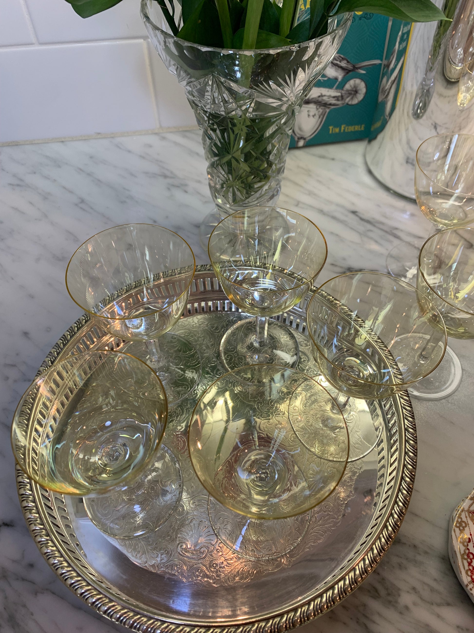 Set (8) Vintage Yellow Crystal Port/Cordial Glasses Lillian Grey