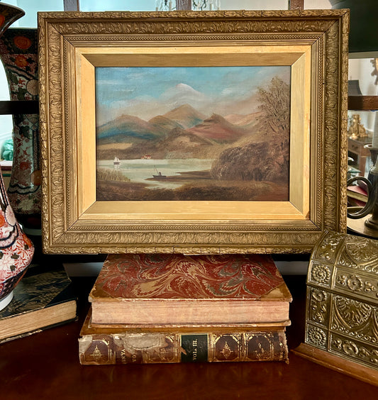 19th Century Framed Oil on Canvas Fisherman on Mountain Lake, Frame: 16" x 20"