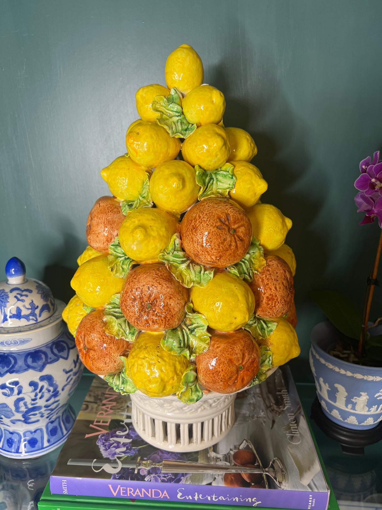Large 18” Vintage Italian Lemon & Orange Ceramic Centerpiece Topiary