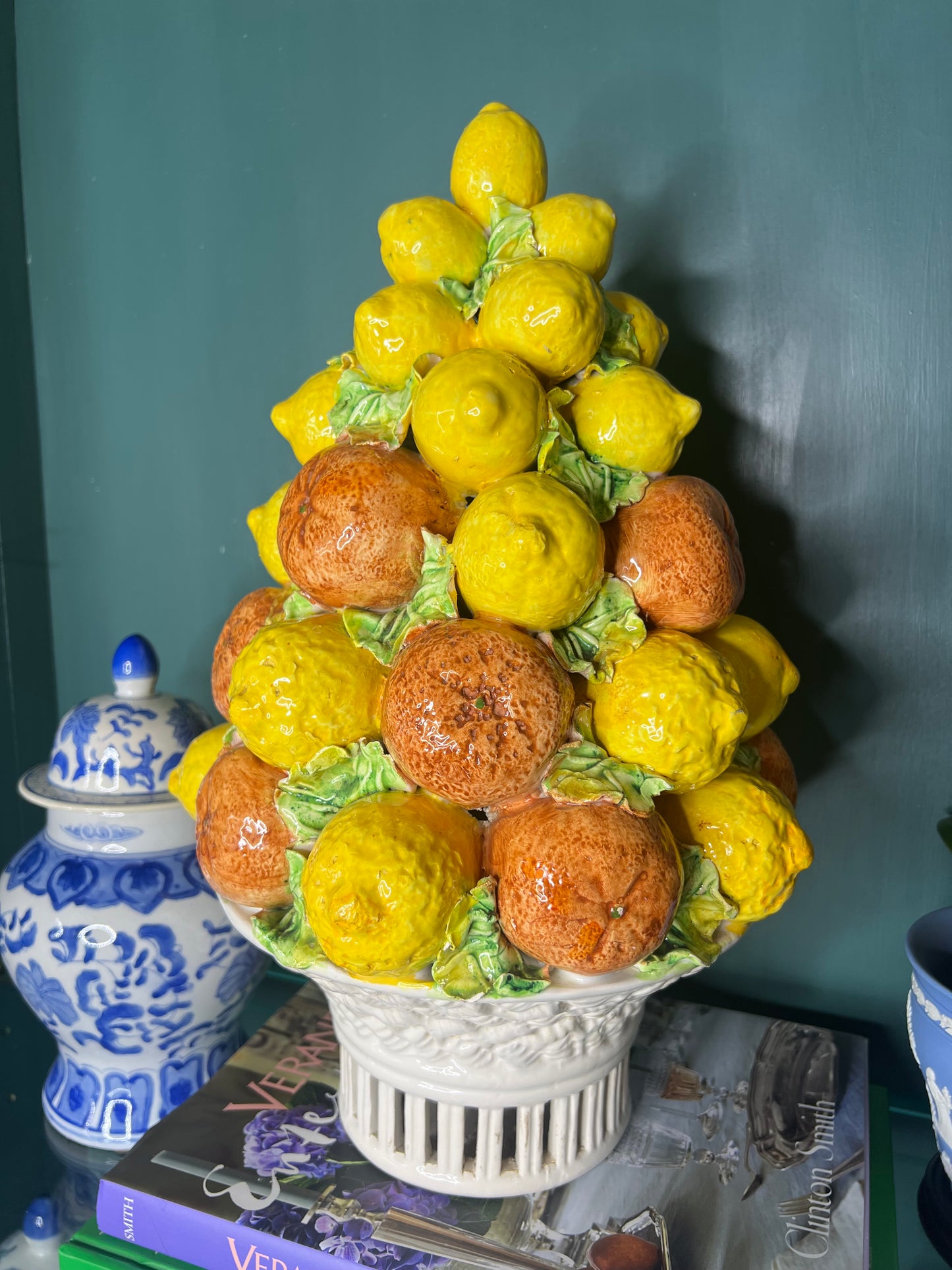 Large 18” Vintage Italian Lemon & Orange Ceramic Centerpiece Topiary