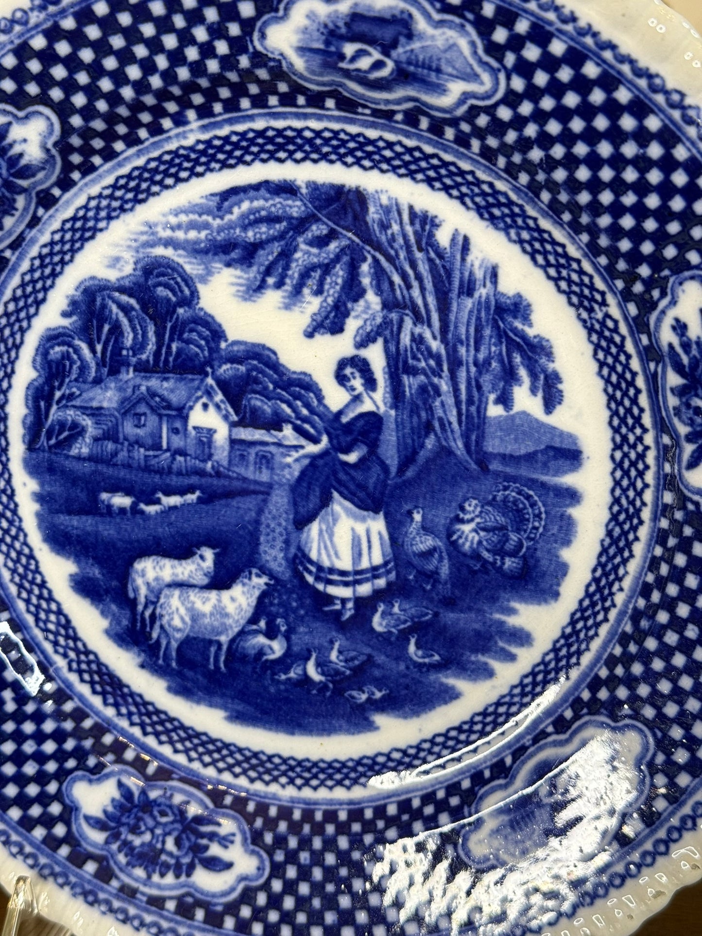 Antique William Adams & Sons "Old Farm House" Ironstone Plate | Flow Blue Transferware | 9"