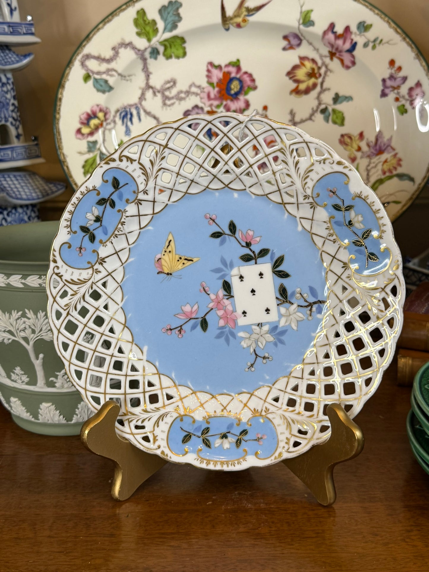 Antique Reticulated Porcelain Cabinet Plate | Playing Card & Butterfly Motif | Hand Painted | 9" Diameter
