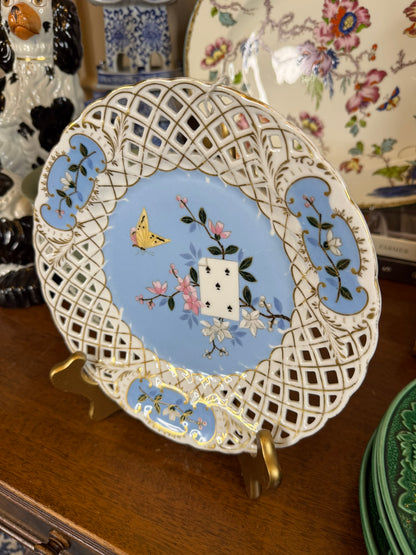 Antique Reticulated Porcelain Cabinet Plate | Playing Card & Butterfly Motif | Hand Painted | 9" Diameter