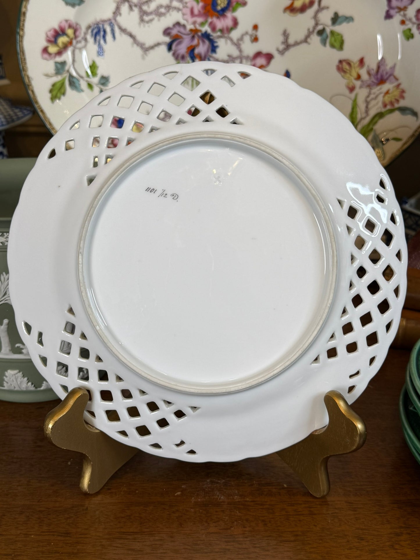 Antique Reticulated Porcelain Cabinet Plate | Playing Card & Butterfly Motif | Hand Painted | 9" Diameter
