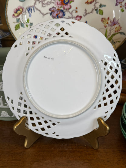 Antique Reticulated Porcelain Cabinet Plate | Playing Card & Butterfly Motif | Hand Painted | 9" Diameter