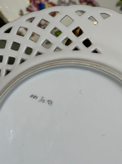 Antique Reticulated Porcelain Cabinet Plate | Playing Card & Butterfly Motif | Hand Painted | 9" Diameter