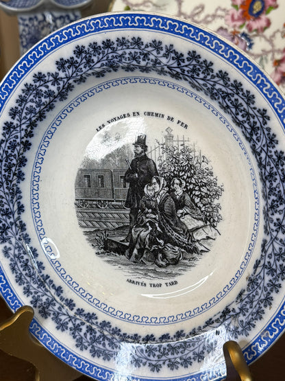 RESERVED - MTURB100 - Antique French Transferware Railway Bowl "Arrivés Trop Tard" | Les Voyages en Chemin de Fer | c.1840–1860