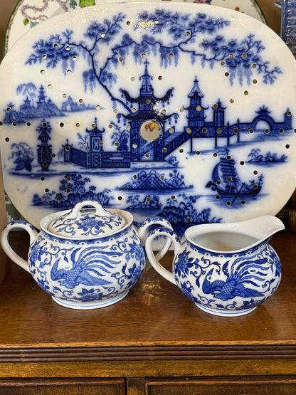 Noritake Blue Phoenix Sugar Bowl & Creamer Set | Blue & White Porcelain | Made in Japan