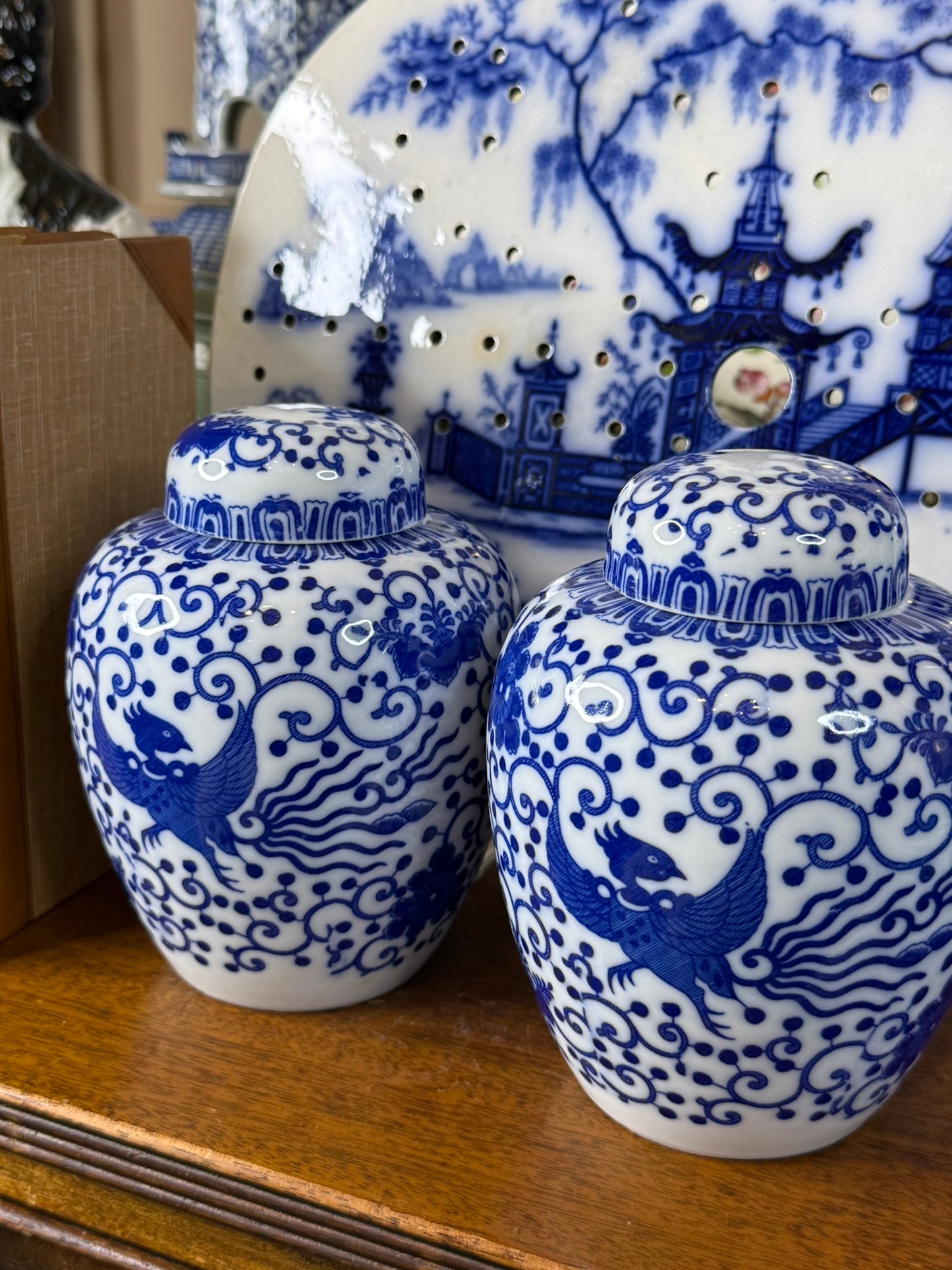 Pair of Blue & White Phoenix Tea Jars | Japanese Porcelain Ginger Jars | 6.5" Tall