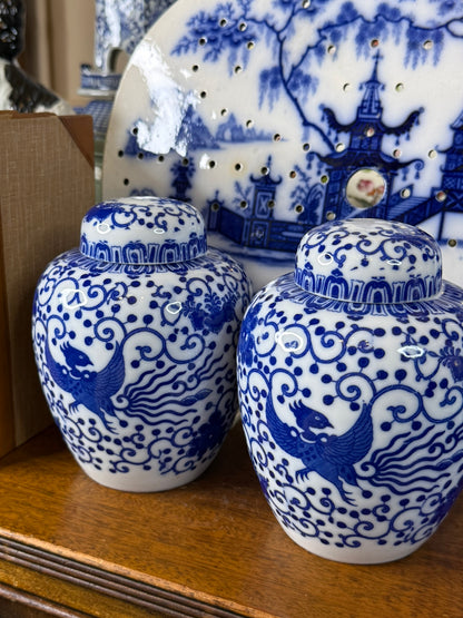 Pair of Blue & White Phoenix Tea Jars | Japanese Porcelain Ginger Jars | 6.5" Tall