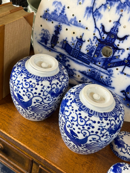 Pair of Blue & White Phoenix Tea Jars | Japanese Porcelain Ginger Jars | 6.5" Tall