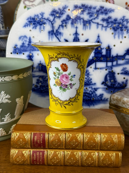 Vintage Dresden Porcelain Cabinet Vase | Yellow Ground with Hand-Painted Floral Cartouches | 5.5" Tall