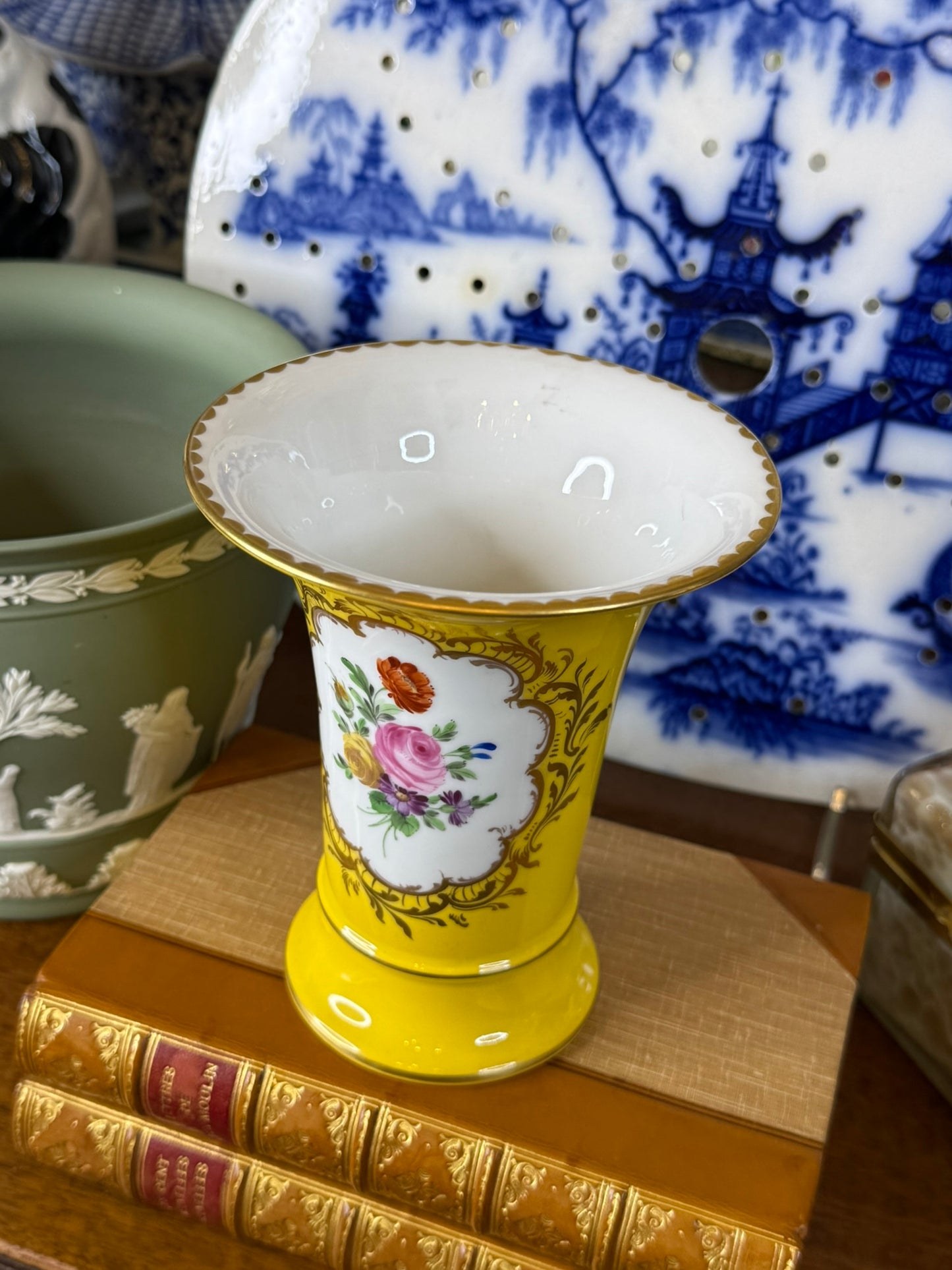 Vintage Dresden Porcelain Cabinet Vase | Yellow Ground with Hand-Painted Floral Cartouches | 5.5" Tall